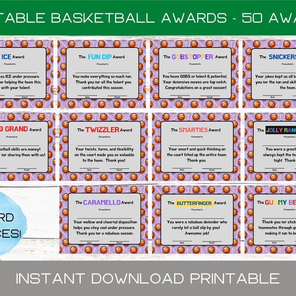 Équipe de basket-ball Candy Bar Award Certificates - Sports Players Candy Bar Awards - Certificats Candy Bar Award imprimables - Dîner de remise des prix