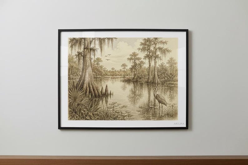 A framed pencil sketch of a wetland scene with a heron, cypress trees, and lily pads, displayed on a light wood surface against a dark gray wall.