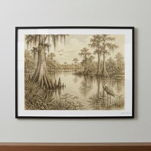 Florida Wetlands Art Print, Vintage Coastal Sketch of Marshes 11x14 Black Frame