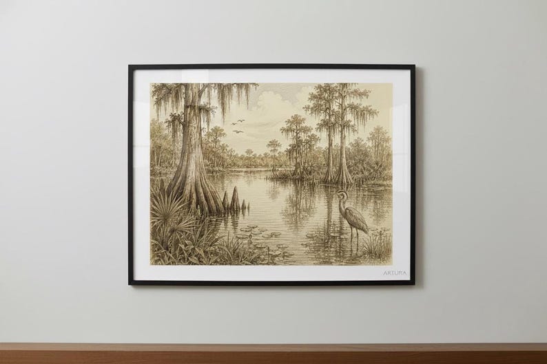 Florida Wetlands Art Print, Vintage Coastal Sketch of Marshes 11x14 Black Frame