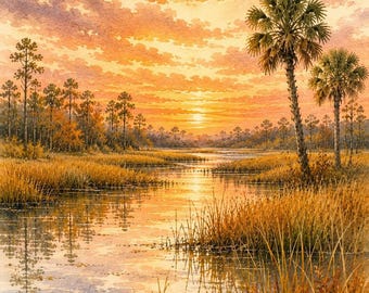 Marsh Landscape Art, Watercolor Sunset Print with Palms and Reflections