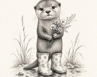 Otter Wall Art Print Cute Woodland Animal Art Otter in Rain Boots Cottagecore Nursery Decor Whimsical Nature Print