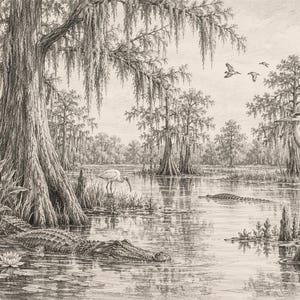May include: A detailed black and white pencil drawing of a swamp landscape featuring a large alligator resting near a cypress tree with Spanish moss, a white ibis wading in the water, a heron perched on a stump, and birds flying in the sky.
