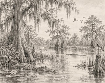 Florida Swamp Wall Art Vintage Florida Sketch Alligator and Heron