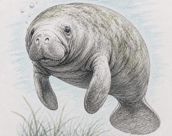 Vintage Manatee Art Print, Framed Coastal Wall Art in Soft Pastels