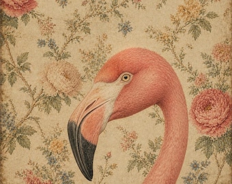 Flamingo Wall Art, Vintage Bird Print with Floral Background
