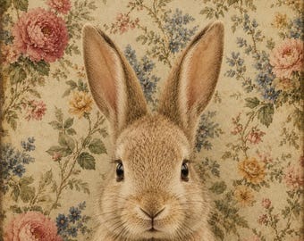 Bunny Wall Art, Vintage Floral Rabbit Print for Cozy Decor
