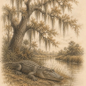 May include: A sepia-toned illustration of an alligator resting on the muddy bank of a river. A large tree with hanging Spanish moss stands behind the alligator, with smaller palm-like plants nearby. The initials Mw are visible in the bottom right.