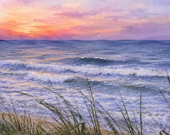 Beach Sunset Print, Watercolor Ocean Art on Matte Linen Paper