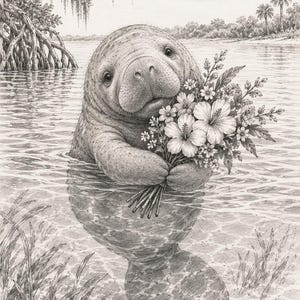 May include: A detailed black and white pencil drawing of a manatee partially submerged in water, holding a large bouquet of hibiscus and other small flowers. The scene includes aquatic plants in the foreground and mangrove trees in the background.