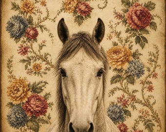 Horse Wall Art Print, Vintage Cottagecore Design with Floral Wallpaper