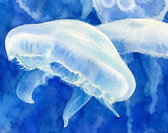 Ocean Lover Art, Blue Jellyfish Watercolor Print on Archival Matte Linen Paper