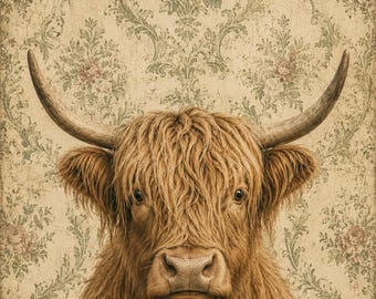 Highland Cow Print on Linen Paper, Rustic Cottage Wall Art