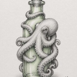 May include: A detailed graphite and ink drawing of an octopus with textured suckers wrapped around a clear glass bottle topped with a cork stopper. The illustration features fine shading and cross-hatching, with the initials Mw in the corner.