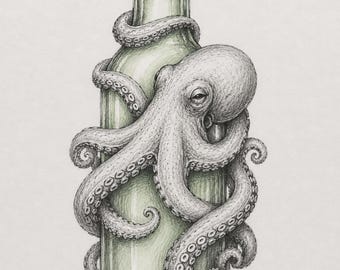 Vintage Octopus Sketch on Bottle Coastal Decor, Sea Life Artwork