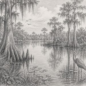 Florida Wetlands Art Print, Vintage Coastal Sketch of Marshes 8.5x11 Print Only