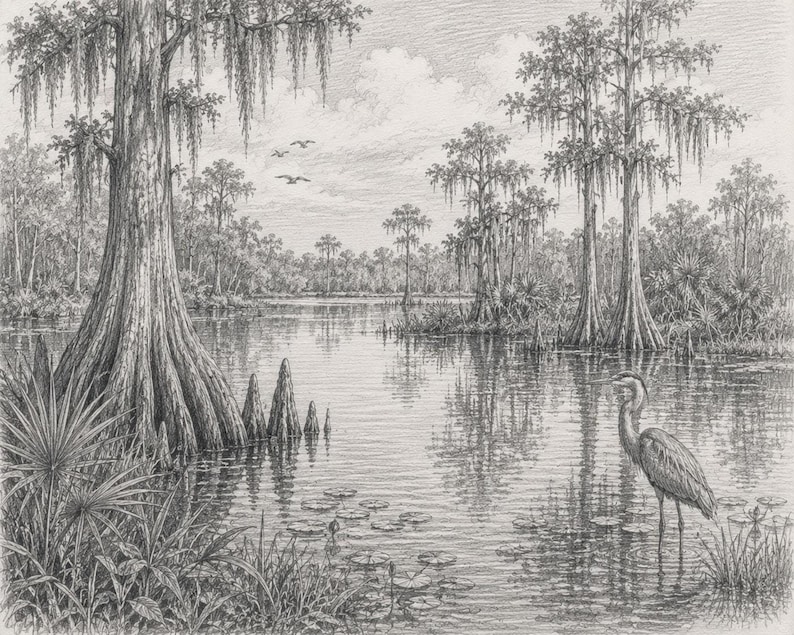 Florida Wetlands Art Print, Vintage Coastal Sketch of Marshes 8.5x11 Print Only