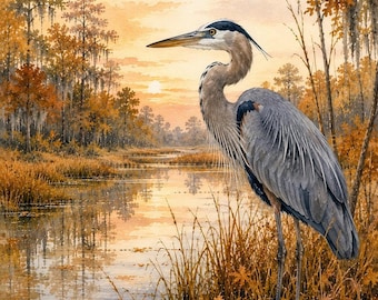 Great Blue Heron Watercolor Print, Autumn Wetland Wall Art