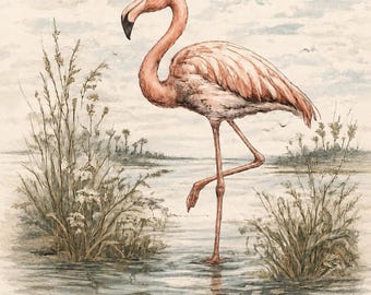 Vintage Flamingo Wall Art Print, Old Florida Coastal Decor