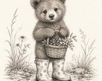 Baby bear Wall Art Print Woodland Nursery Decor Cottegecore Animal Art Rustic Nursery