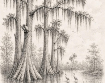 Cypress Tree Art Print, Vintage Florida Nature Sketch