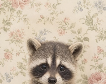Baby Raccoon Art Print, Vintage Animal Wall Decor for Forest Nursery
