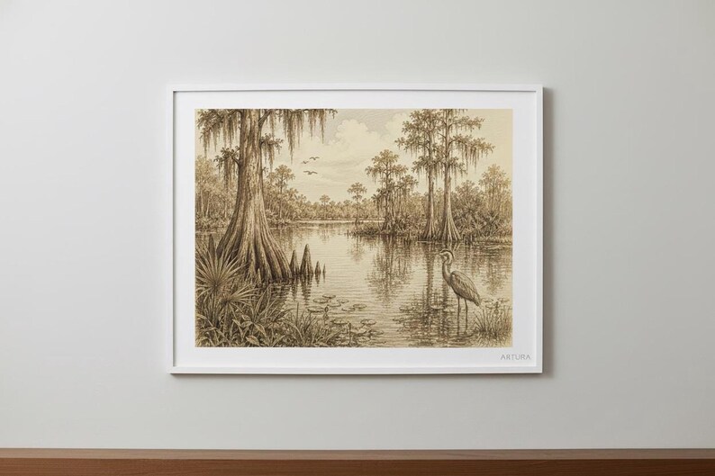 A framed pencil sketch of a wetland scene with a heron, cypress trees, and lily pads, displayed on a light wood surface against a white wall.