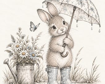 Whimsical Bunny Art Rainy Day Nursery Decor  Cottagecore Rabbitt Floral Umbrella Rabbitt Nursery Woodland Animal Print
