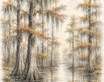 Vintage Florida Wetlands Art Print, Fall Nature Decor with Cypress Trees