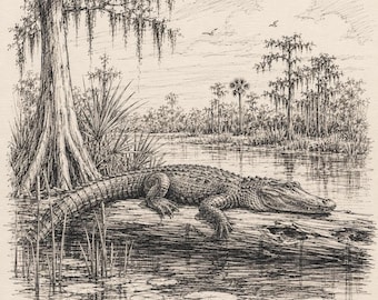 Florida Wetlands Alligator Sketch Print | Vintage Wildlife Decor