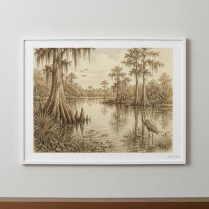 Florida Wetlands Art Print, Vintage Coastal Sketch of Marshes 11x14 White Frame