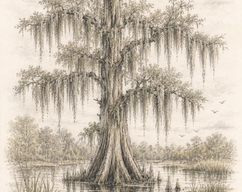 Florida Cypress Tree Sketch Print Vintage Wetlands Wall Art Cypress Tree with Spanish Moss Southern Landscape