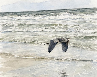 Heron Wall Art, Watercolor Print of Great Blue Flying