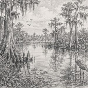 A detailed pencil sketch depicts a heron standing in a still body of water, surrounded by cypress trees draped with Spanish moss, lily pads, and other wetland foliage.