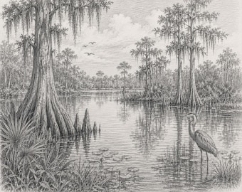 Florida Wetlands Art Print, Vintage Coastal Sketch of Marshes