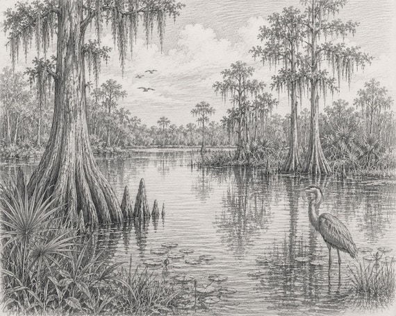 Florida Wetlands Art Print, Vintage Coastal Sketch of Marshes