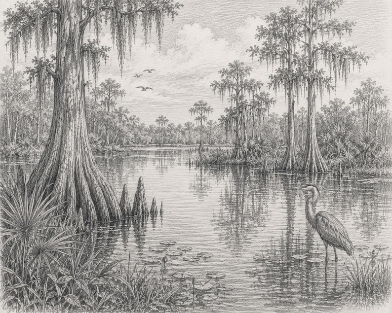 A detailed pencil sketch depicts a heron standing in a still body of water, surrounded by cypress trees draped with Spanish moss, lily pads, and other wetland foliage.
