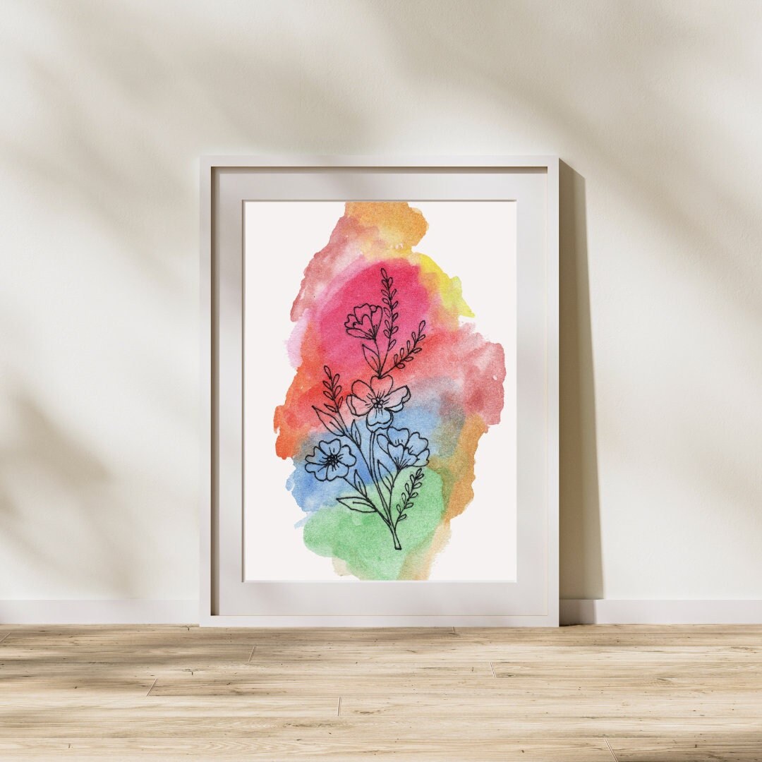 Digital Download Watercolor Floral Art Print Hand-drawn Flowers With ...