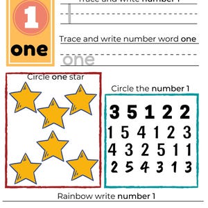 May include: A children's worksheet for learning the number one. It features instructions to trace and write the number 1 and the word "one". Includes exercises to circle one star and the number 1.
