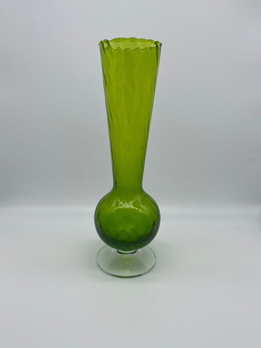 Green Fluted Glass Bud Vase on a Clear Base Stem Mcm Etsy