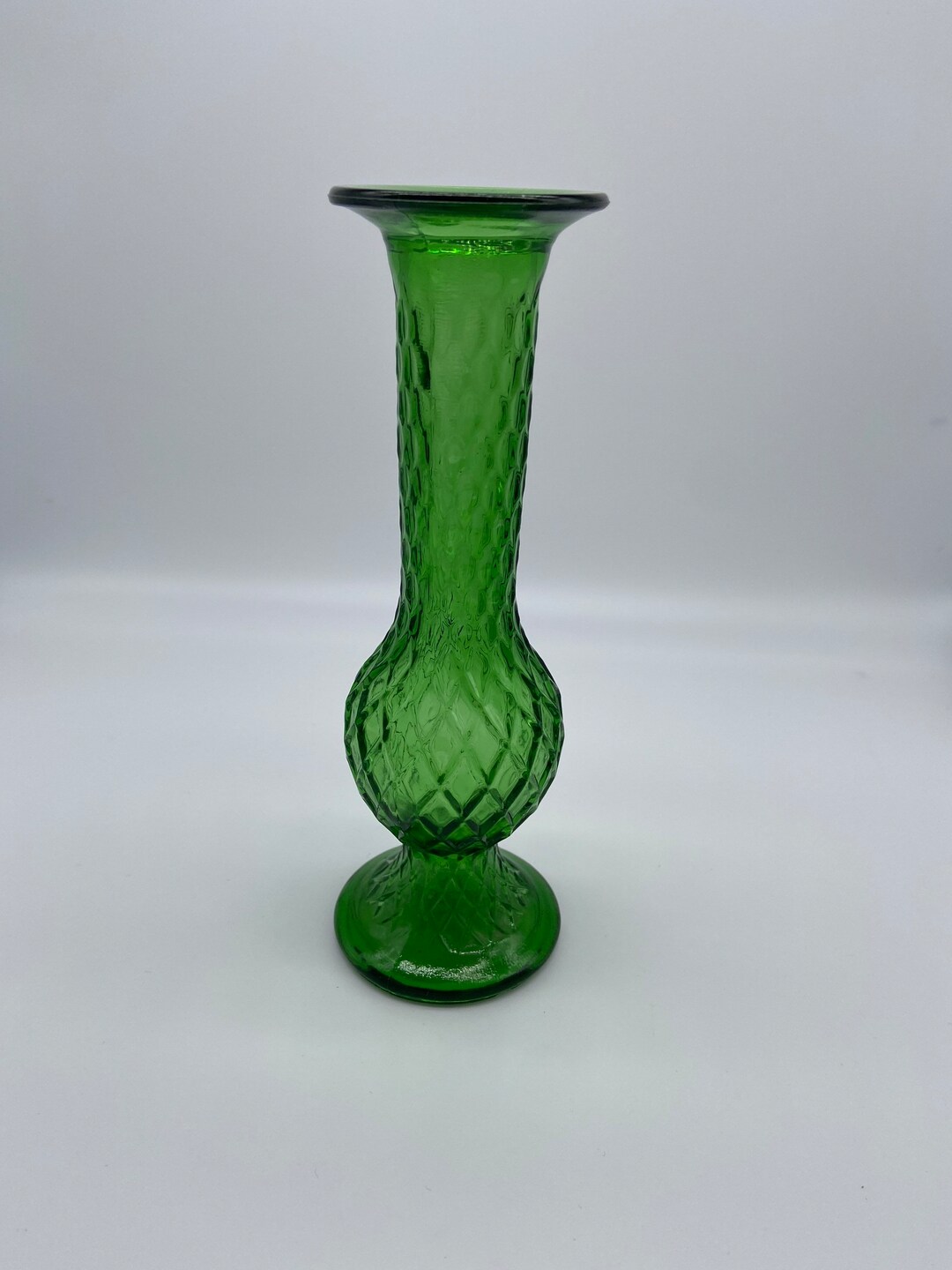 Vintage EO Brody Co Green Glass Bud Vase 920 Diamond Pattern 71/2 Made