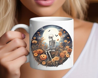 Skeleton Floral Halloween Mug, Autumn Coffee Mug, Fall Tea Cup, Seasonal Coffee Mug, Seasonal Mug, Gift For Her
