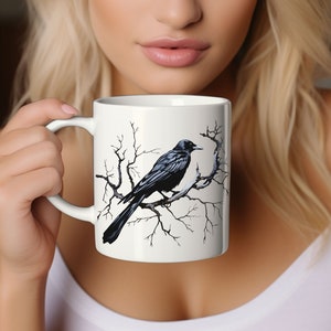 Halloween Coffee Mug, Raven Coffee Mug, Raven Tea Cup Halloween Tea Cup, Bird Coffee Mug, Raven Gift, Halloween Mug, Bird Mug, Raven Mug