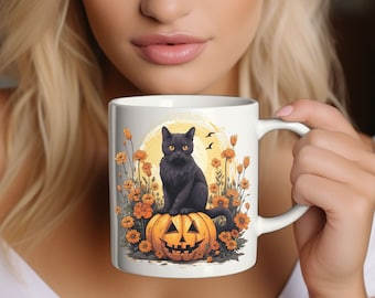 Cat Pumpkin Halloween Mug, Black Cat Coffee Mug, Jack-O'-Lantern Tea Cup, Fall Seasonal Coffee Mug, Cat Lovers Gift, Cat Mug, Pumpkin Mug