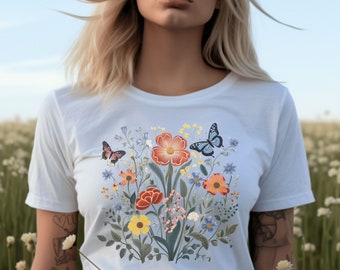 Butterfly Flowers Shirt, Pressed Flower TShirt, Forestcore T Shirt, Goblincore T-Shirt, Vintage Wild Flowers Tee, Boho Top, Forest T Shirt