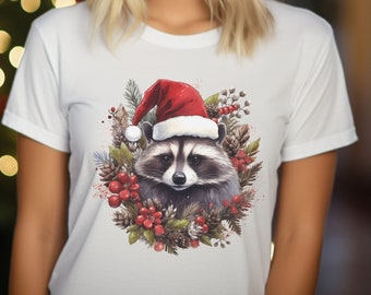 Christmas Raccoon Shirt, Cute Raccoon Shirt, Xmas Tshirt, Raccoon Cottagecore Tshirt, Vintage Forest T-Shirt, Forest Animal Shirt, Boho Tee