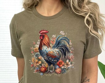 Rooster T-Shirt, Floral Rooster Tshirt, Chicken Shirt, Rooster Shirt, Flowers Shirt, Cottagecore T-Shirt, Forestcore Tshirt, Floral Top