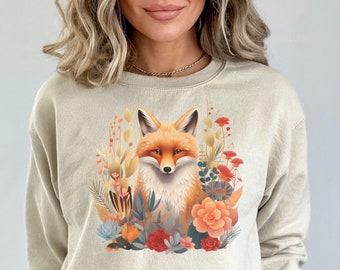 Fox Cottagecore Sweatshirt, Pressed Flowers Sweater, Vintage Forest Sweater, Forestcore Pullover, Woodland Wildlife Animal, Desert Flowers