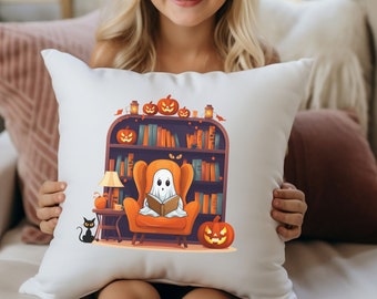 Almohada de Halloween de lectura fantasma, almohada de gato negro espeluznante, almohada de lanzamiento de temporada, almohada de otoño linda, almohada Cottagecore bruja, almohada de calabaza