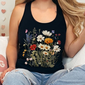 Cottagecore Flowers Tank Top, Floral Butterfly Shirt, Boho Nature Shirt, Garden Lover Top, Wild Flowers Shirt, Racerback Tank Top